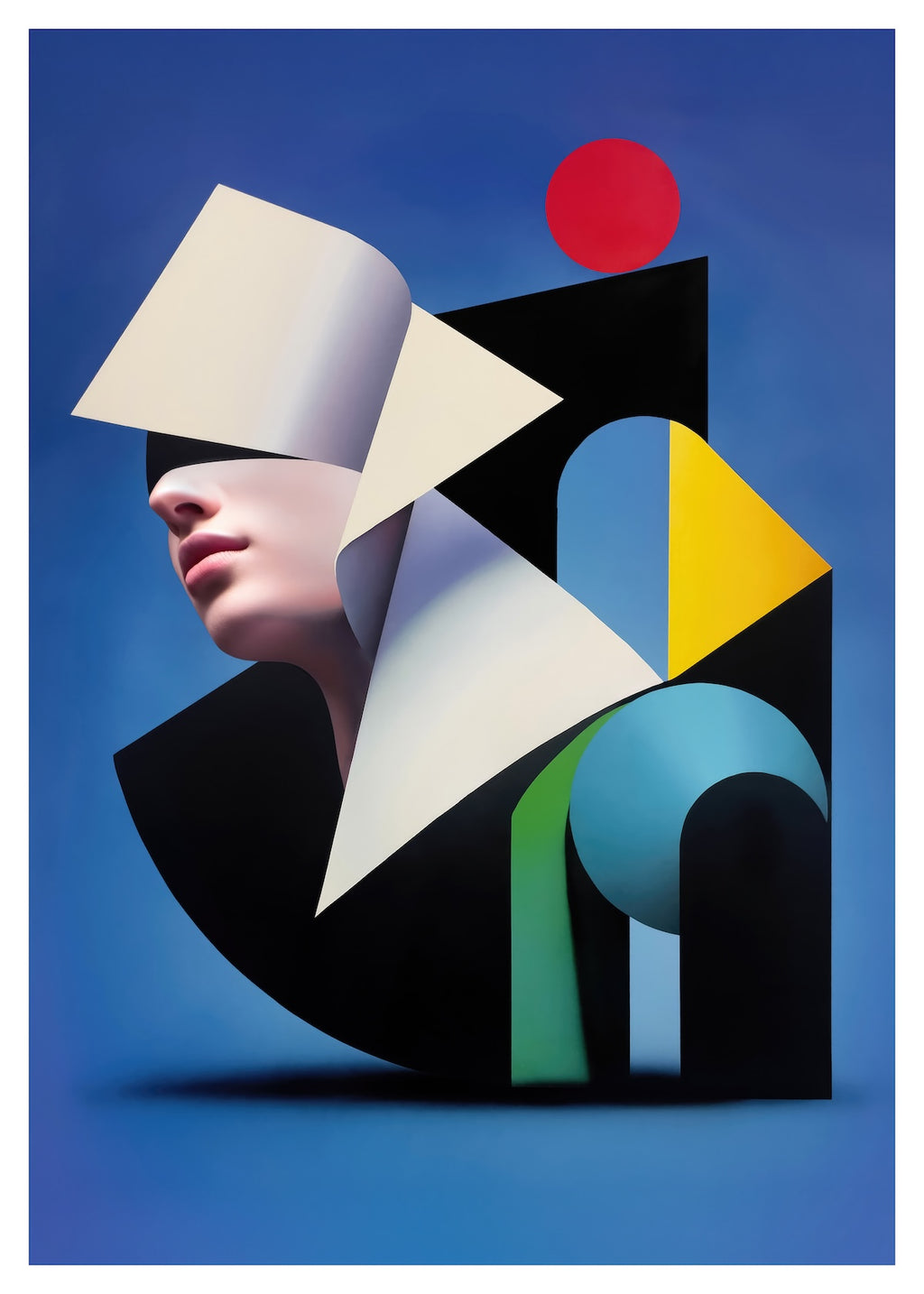 Abstract art piece with geometric shapes and a face on a blue background