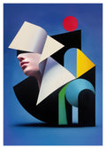 Abstract art piece with geometric shapes and a face on a blue background