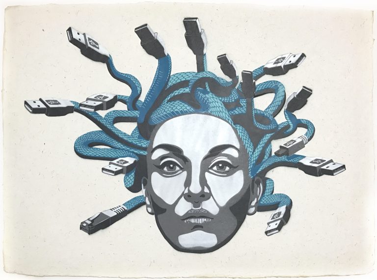 DECYCLE - MEDUSA (serpent), Stencil/ Spraypaint on handmoulded paper, 56 x 76 cm - Pretty Portal